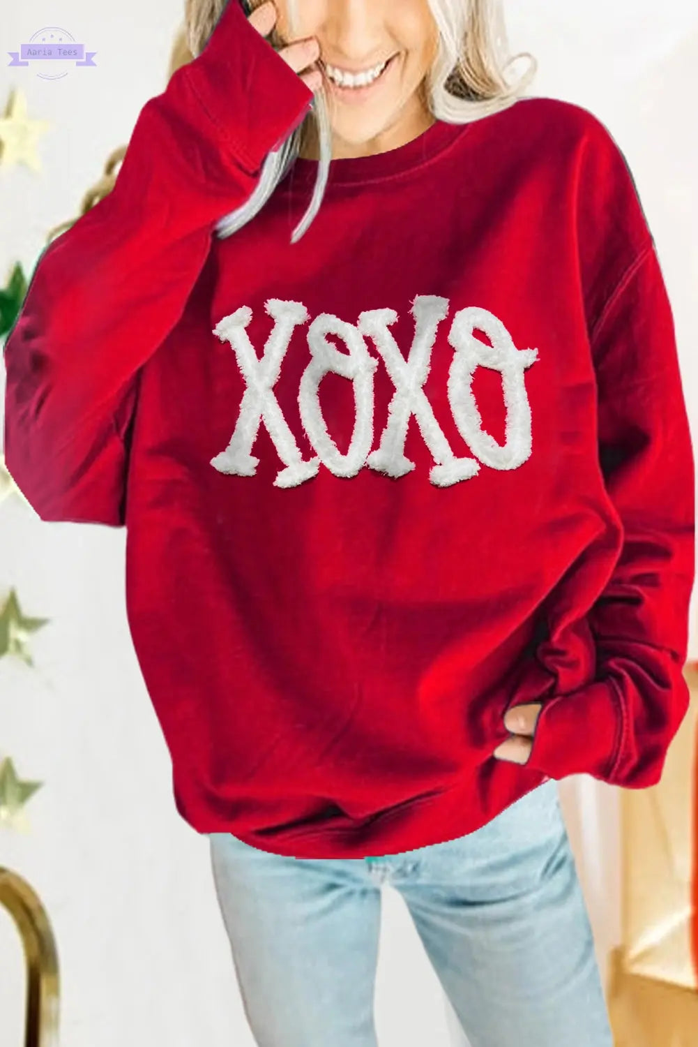 Serena XOXO Chenille Embroidered Pullover Sweatshirt Threaded Pear