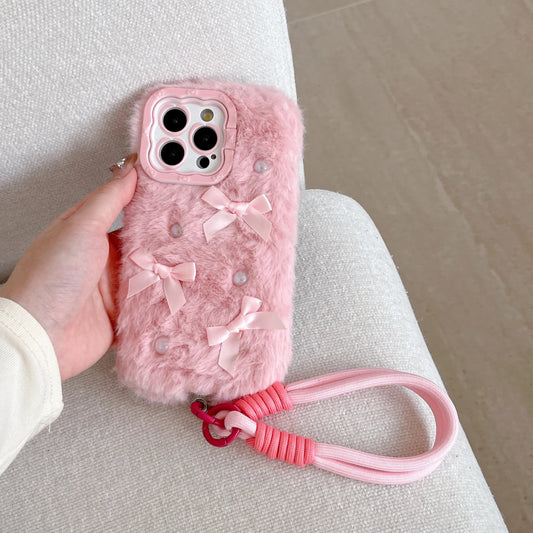 Simple Solid Color Plush Bow Pearl Plush Phone Case