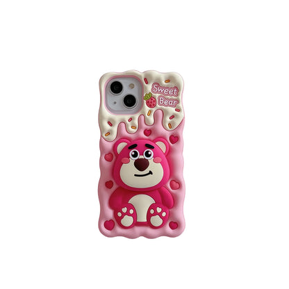 Lotso Strawberry Bear Cheese Face Holder Grip Tok Cartoon Silicon Soft Cover Phone Case