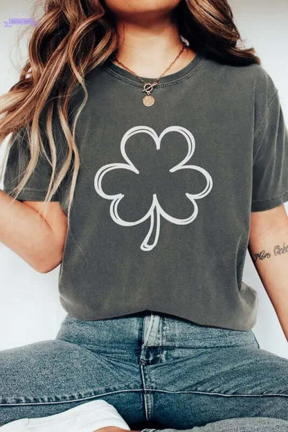 Long sleeve Shamrock St Patrick's Day shirt featuring a white clover graphic on a gray background.