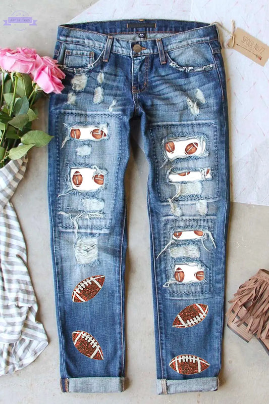 Sky Blue Sequin Rugby Football Patchwork Distressed Straight Leg Jeans - Aaria Tees