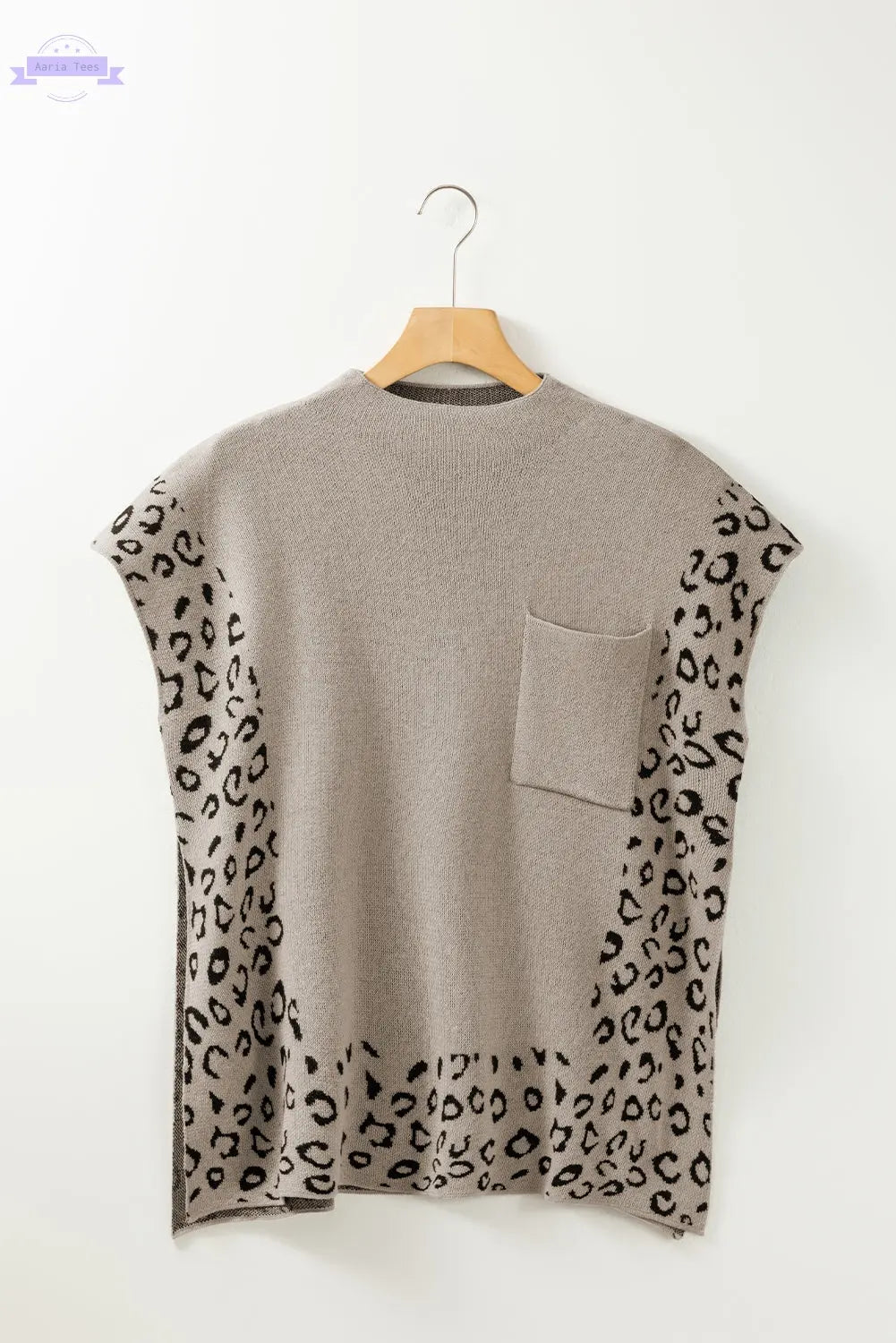 Smoke Gray Leopard Trim High Neck Short Sleeve Loose Sweater Aaria Tees