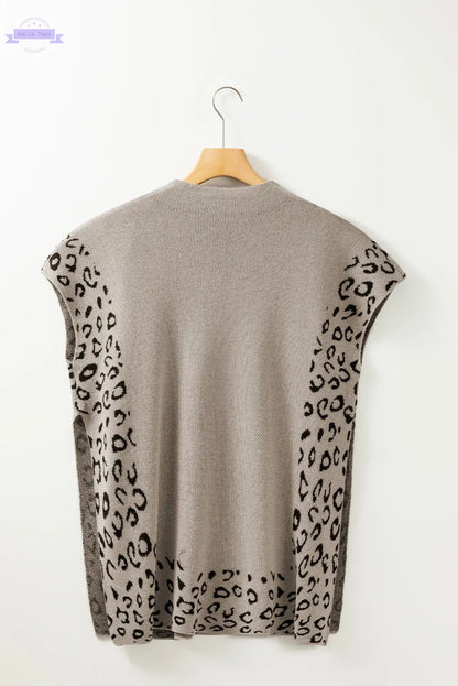 Smoke Gray Leopard Trim High Neck Short Sleeve Loose Sweater Aaria Tees