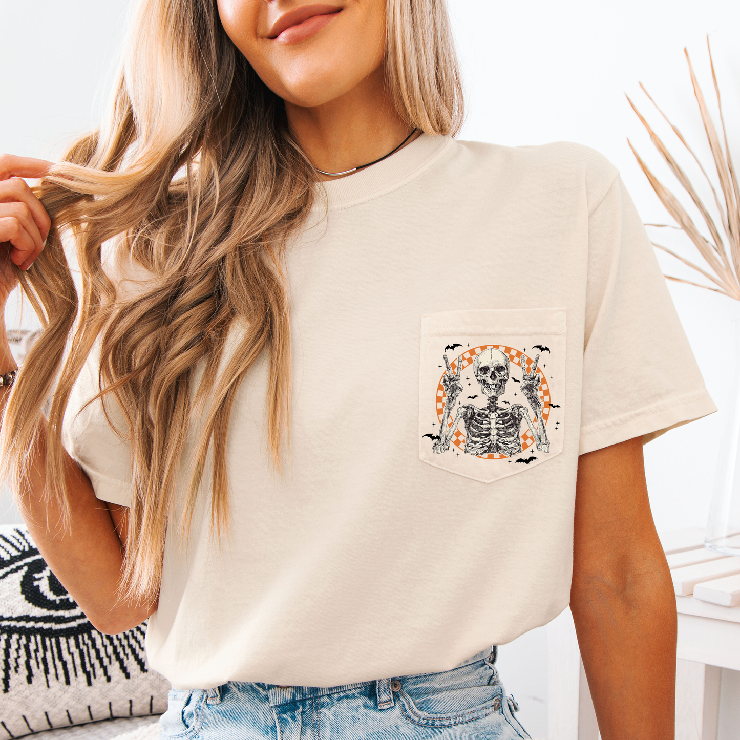 Skeleton, Peace, Checkered, Halloween, Pocket, Comfort Colors Pocket T-Shirt