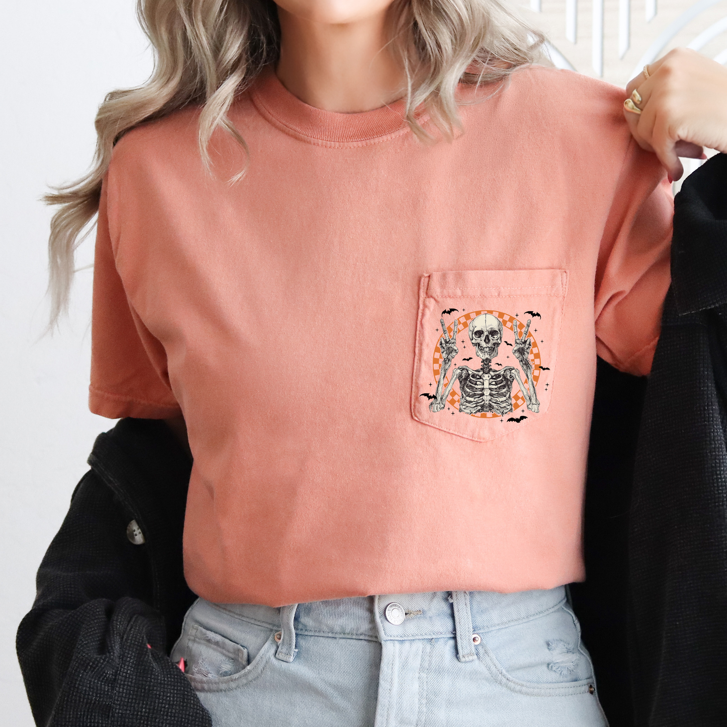Skeleton, Peace, Checkered, Halloween, Pocket, Comfort Colors Pocket T-Shirt