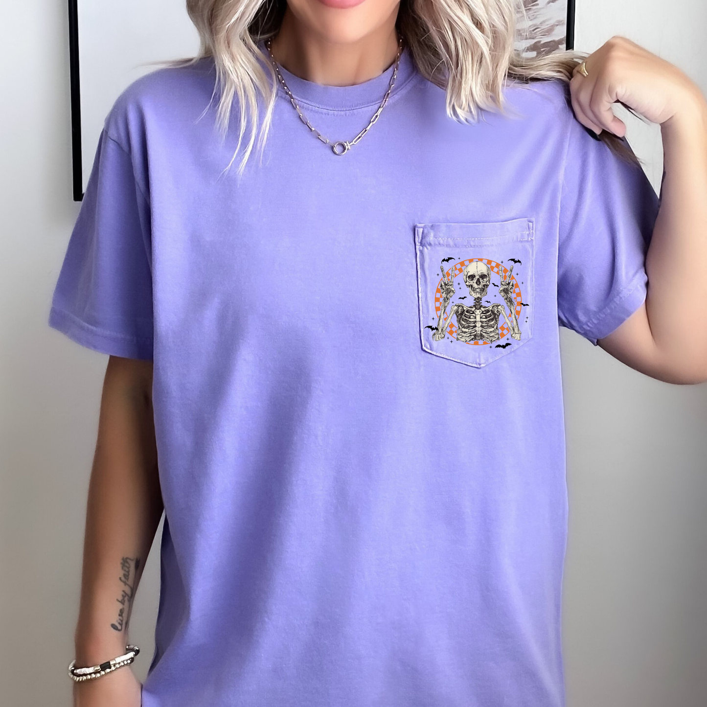 Skeleton, Peace, Checkered, Halloween, Pocket, Comfort Colors Pocket T-Shirt