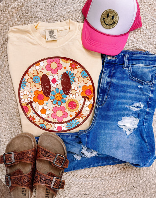 Spring Floral Happy Graphic Tee Comfort Colors - Aaria Tees