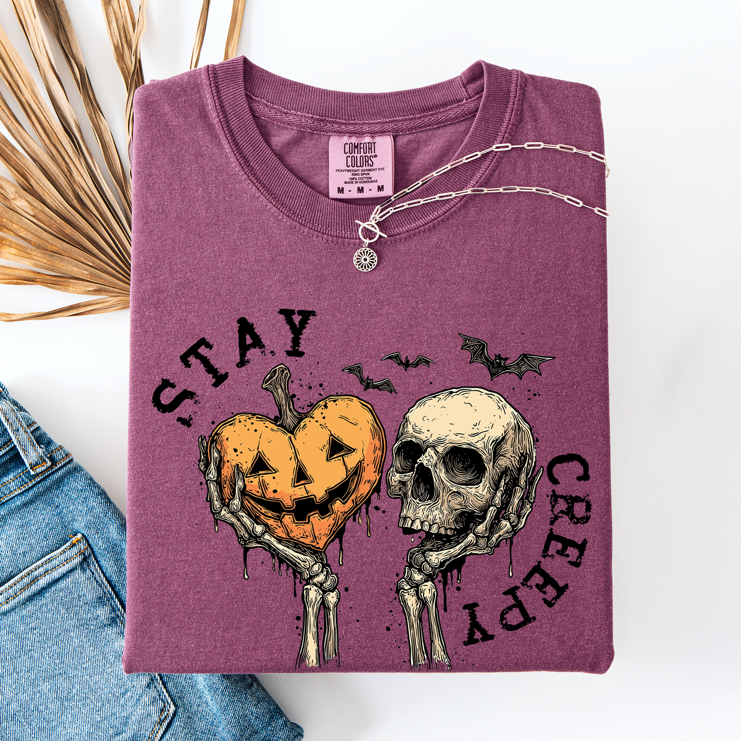 Stay Creepy, Halloween, Pumpkin Heart, Skeleton, Cute, Bats, Spooky, Comfort Colors T-Shirt