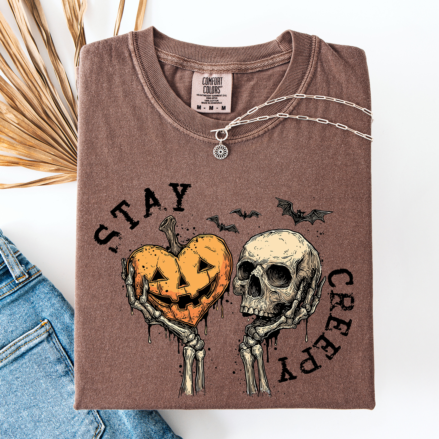Stay Creepy, Halloween, Pumpkin Heart, Skeleton, Cute, Bats, Spooky, Comfort Colors T-Shirt