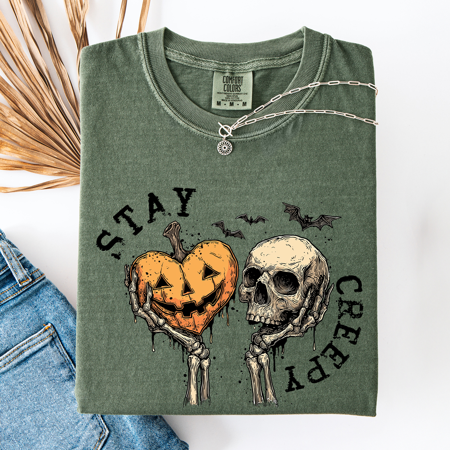 Stay Creepy, Halloween, Pumpkin Heart, Skeleton, Cute, Bats, Spooky, Comfort Colors T-Shirt