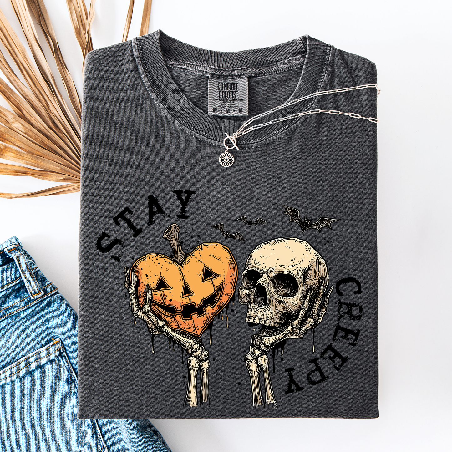 Stay Creepy, Halloween, Pumpkin Heart, Skeleton, Cute, Bats, Spooky, Comfort Colors T-Shirt