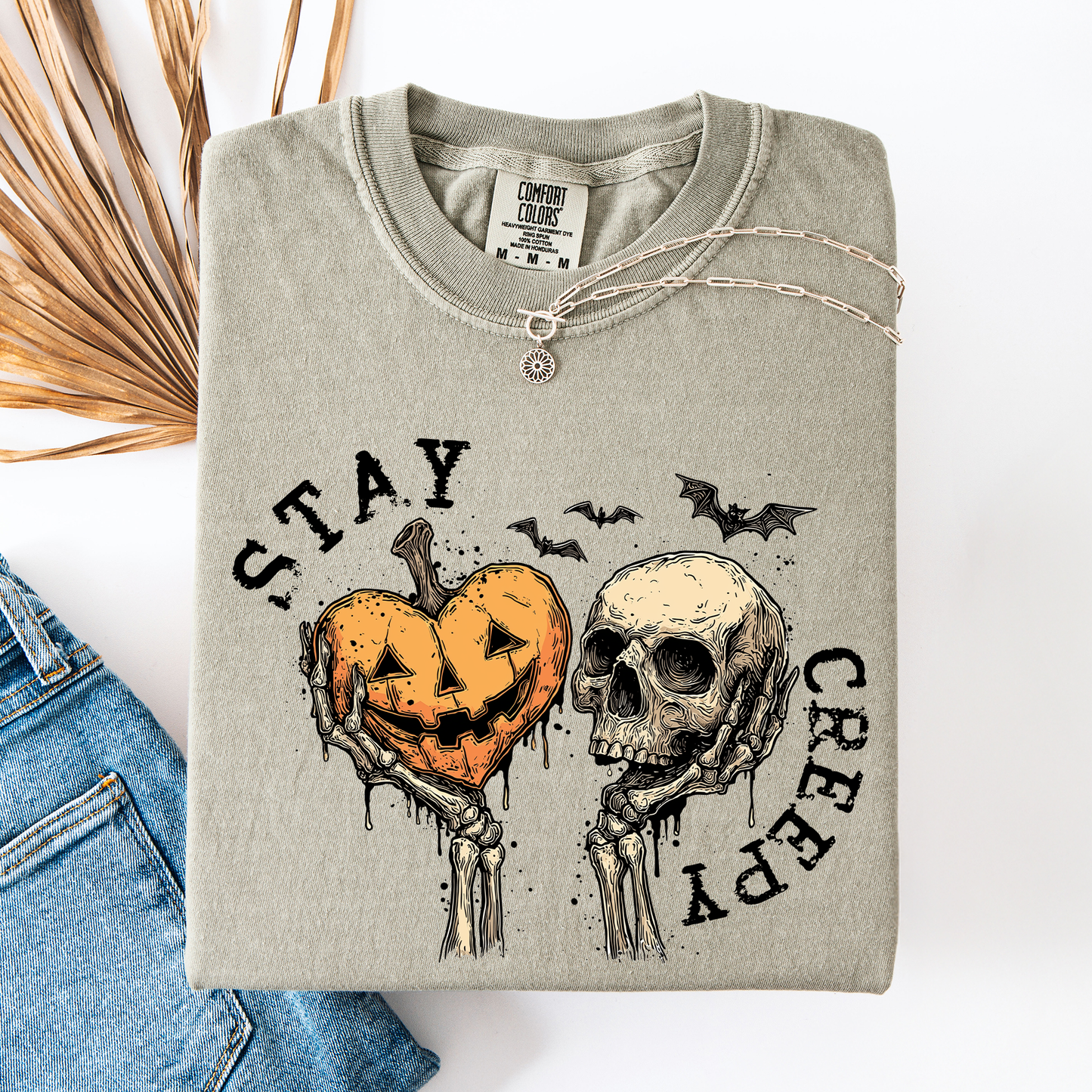 Stay Creepy, Halloween, Pumpkin Heart, Skeleton, Cute, Bats, Spooky, Comfort Colors T-Shirt