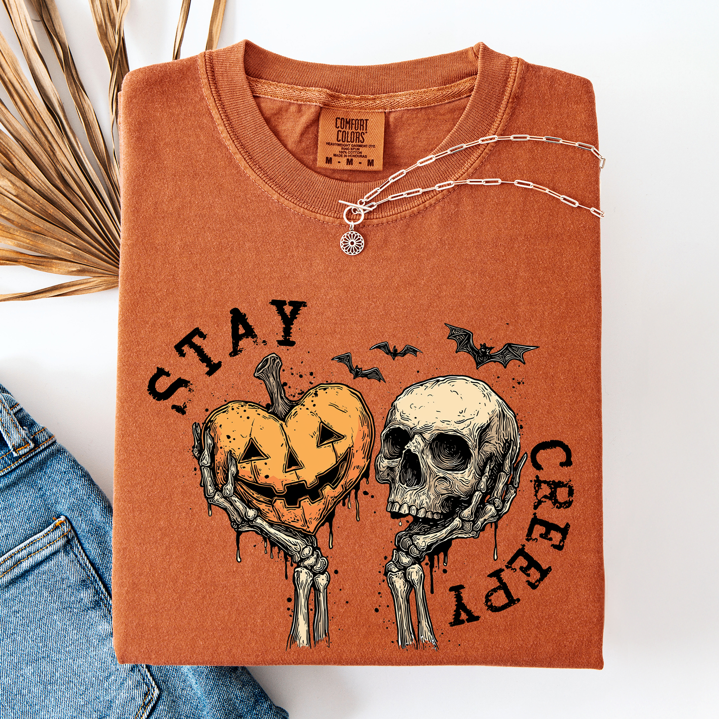 Stay Creepy, Halloween, Pumpkin Heart, Skeleton, Cute, Bats, Spooky, Comfort Colors T-Shirt