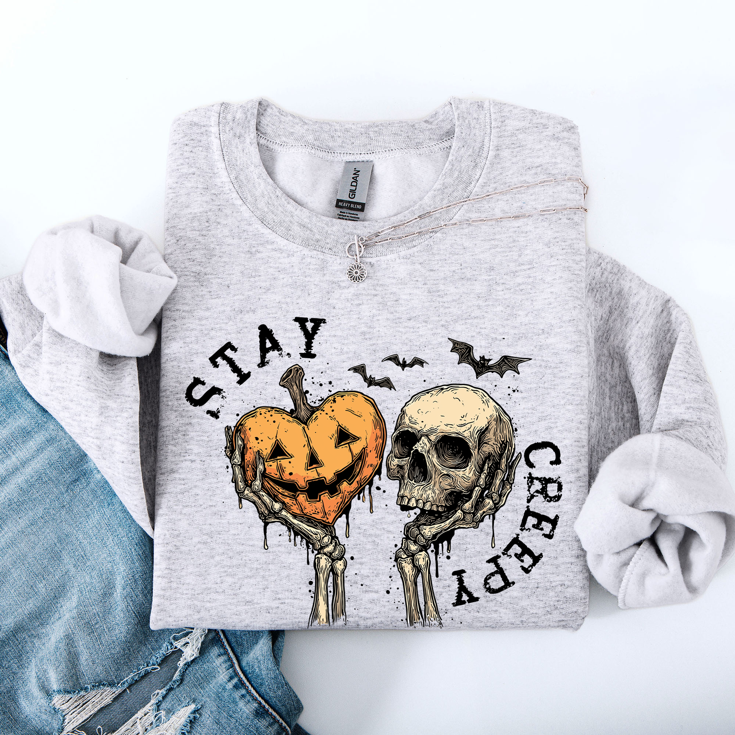Stay Creepy, Halloween, Pumpkin Heart, Skeleton, Cute, Bats, Spooky Sweatshirt