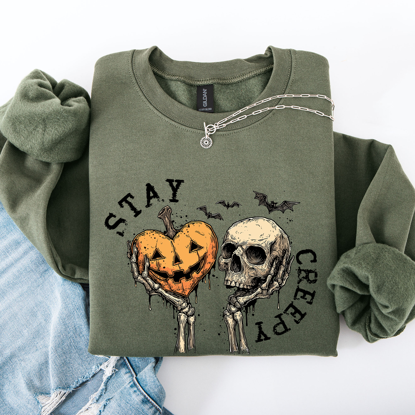 Stay Creepy, Halloween, Pumpkin Heart, Skeleton, Cute, Bats, Spooky Sweatshirt