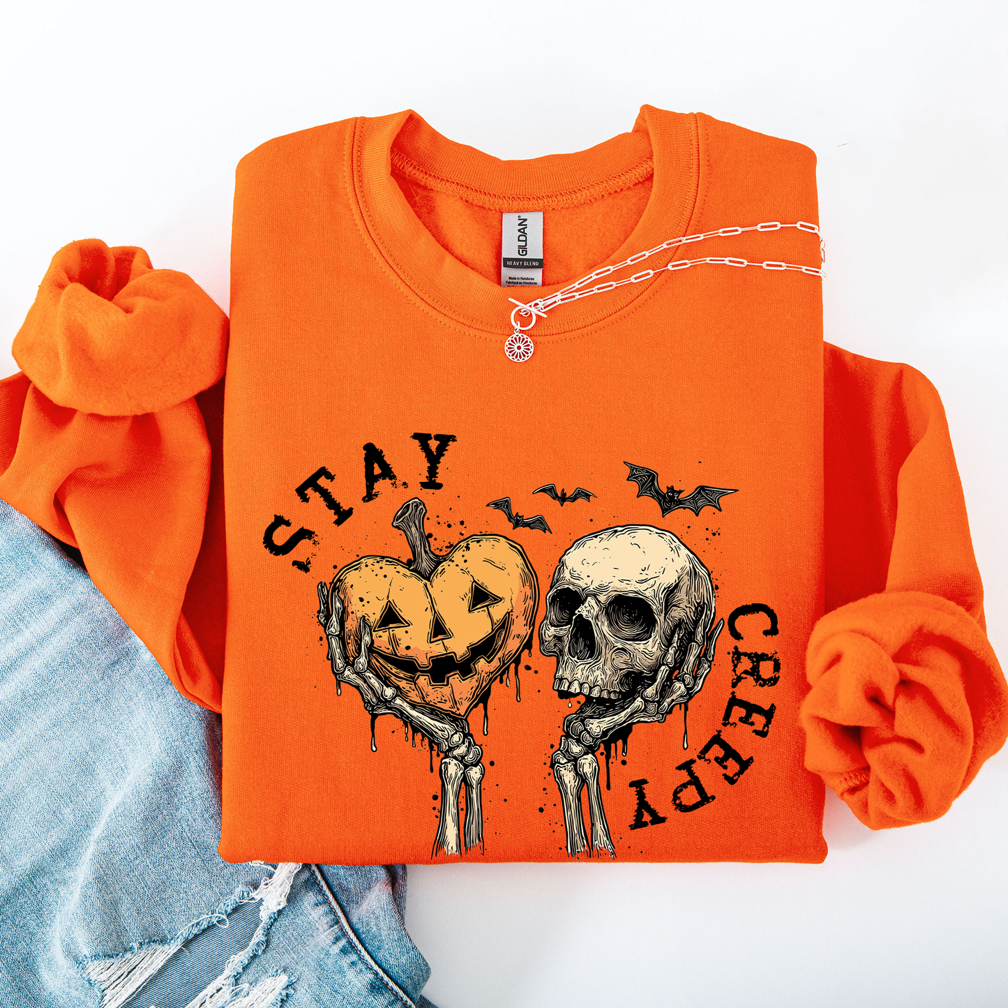 Stay Creepy, Halloween, Pumpkin Heart, Skeleton, Cute, Bats, Spooky Sweatshirt