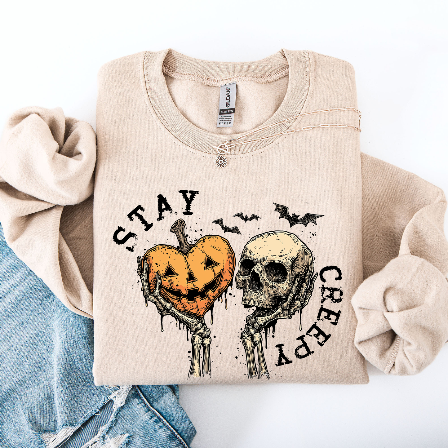 Stay Creepy, Halloween, Pumpkin Heart, Skeleton, Cute, Bats, Spooky Sweatshirt