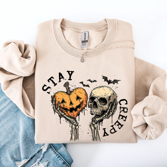 Stay Creepy, Halloween, Pumpkin Heart, Skeleton, Cute, Bats, Spooky Sweatshirt