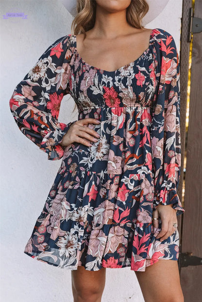 Tessa Floral Tiered Long Puff Sleeve Mini Dress Threaded Pear
