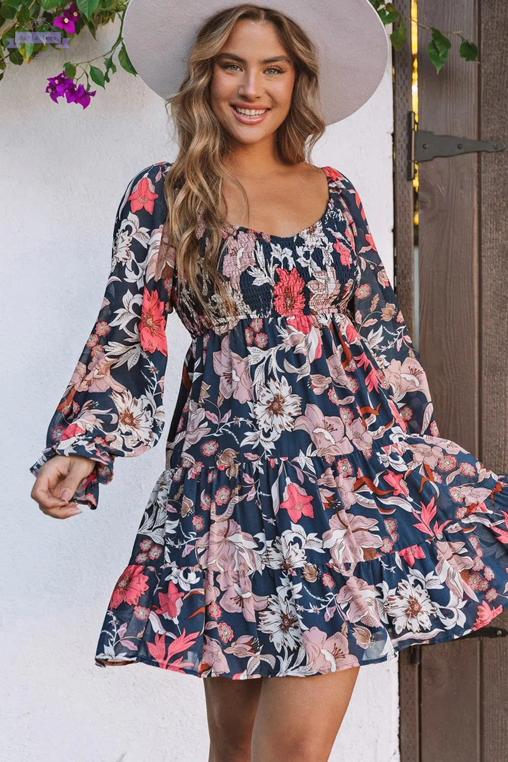 Tessa Floral Tiered Long Puff Sleeve Mini Dress Threaded Pear Aaria Tees