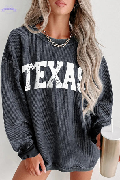 Texas Ribbed Knit Round Neck Pullover Sweatshirt Threaded Pear