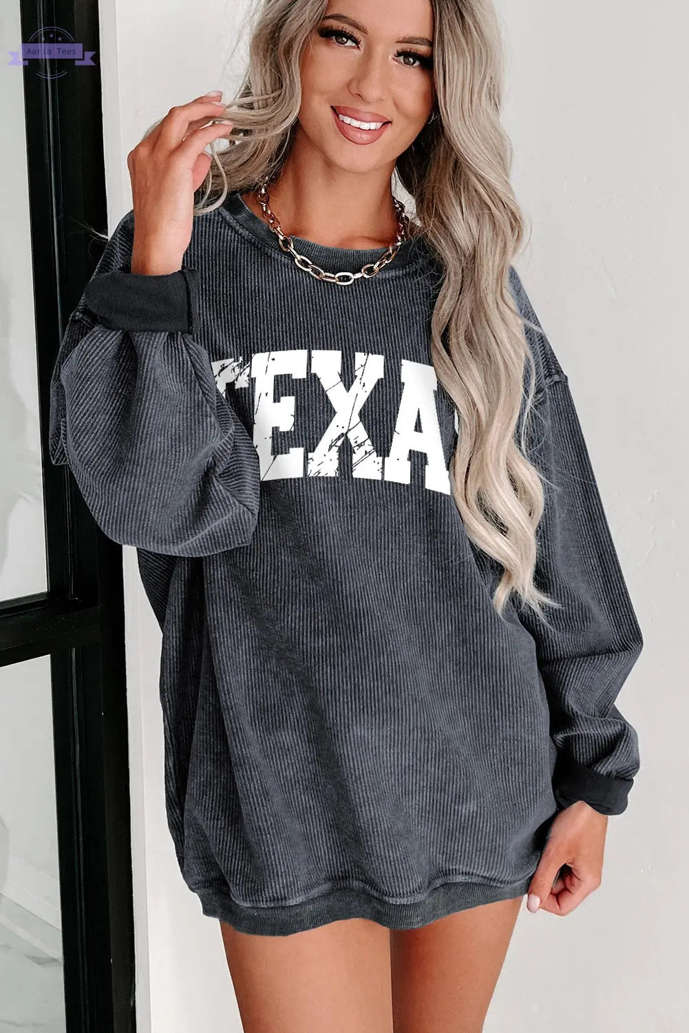 Texas Ribbed Knit Round Neck Pullover Sweatshirt Threaded Pear