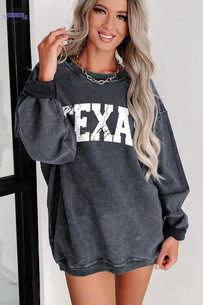 Texas Ribbed Knit Round Neck Pullover Sweatshirt Threaded Pear