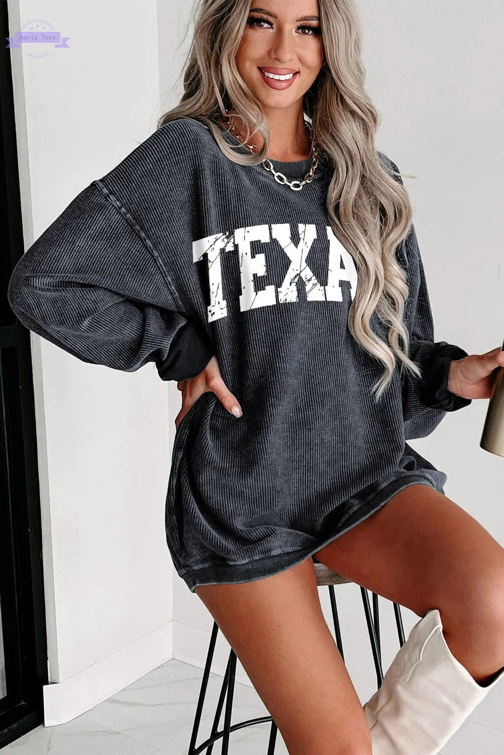 Texas Ribbed Knit Round Neck Pullover Sweatshirt Threaded Pear