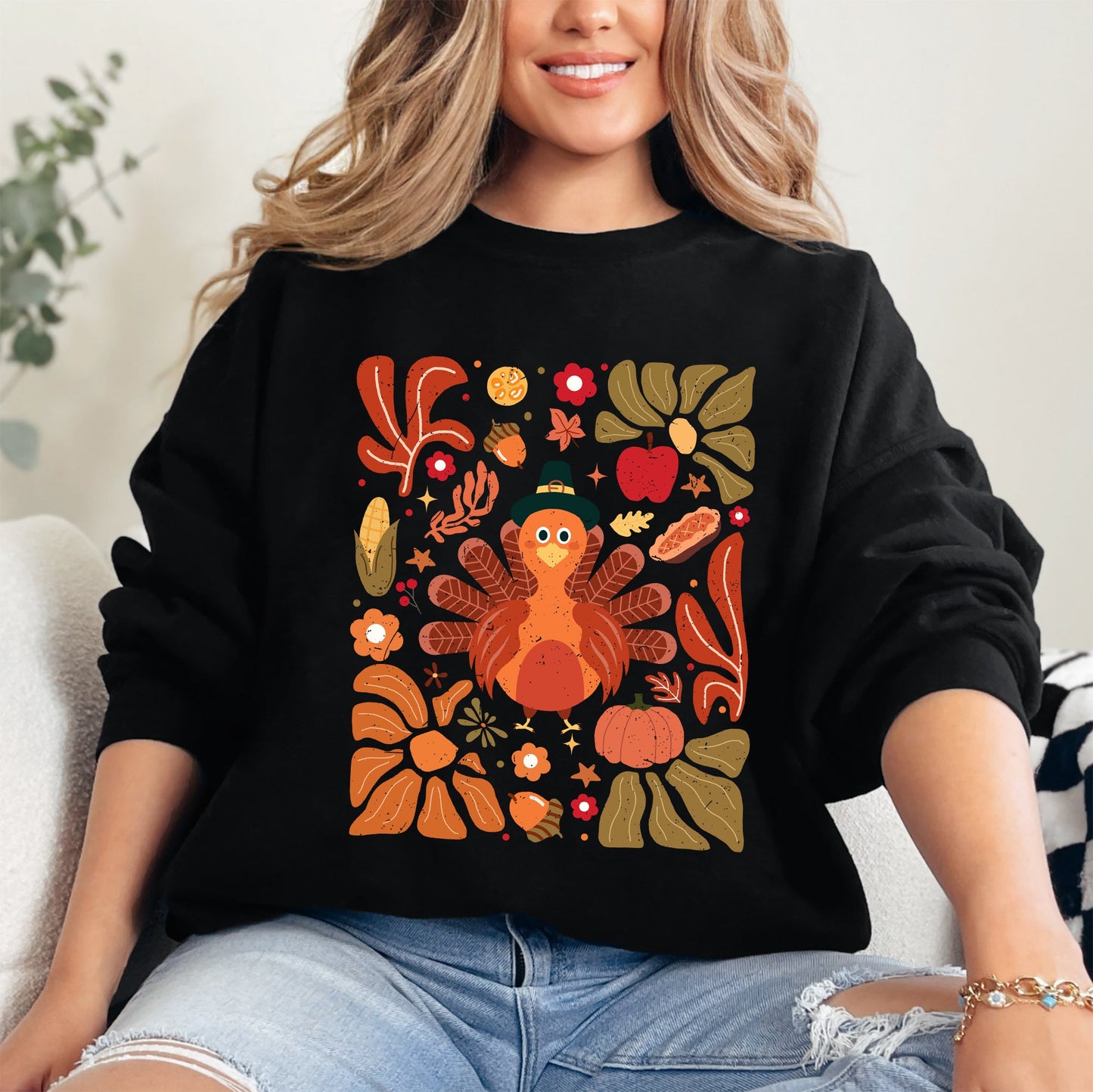 Thanksgiving Turkey, Flowers, Botanical, Boho, Autumn, Fall Sweatshirt