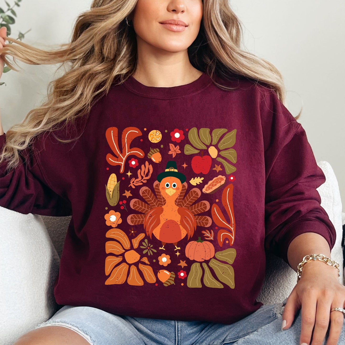 Thanksgiving Turkey, Flowers, Botanical, Boho, Autumn, Fall Sweatshirt