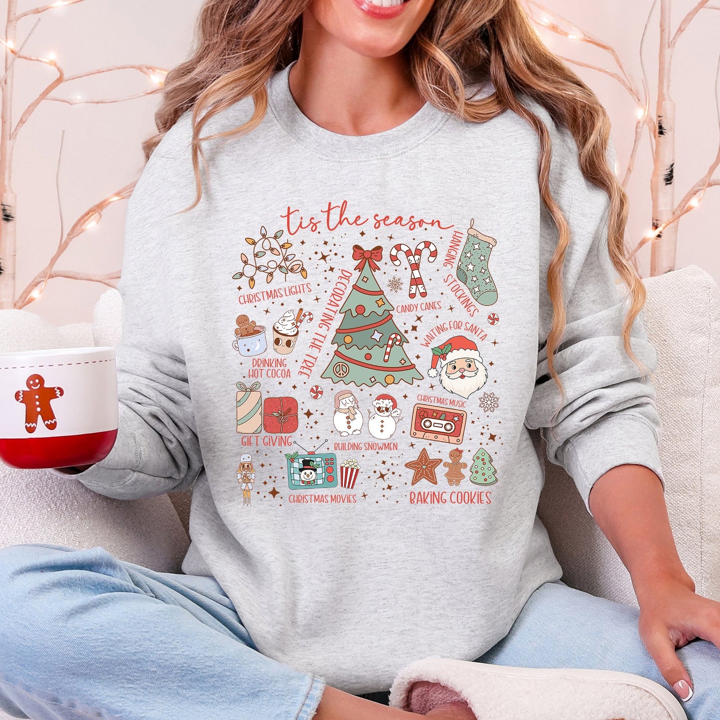 Tis The Season, Christmas, Cute, Trendy, Santa, Tree, Snowman, Cookies, Gifts Sweatshirt