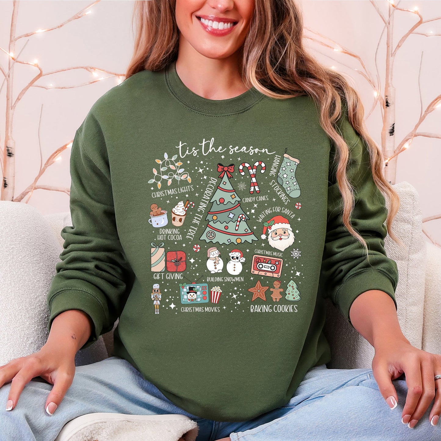 Tis The Season, Christmas, Cute, Trendy, Santa, Tree, Snowman, Cookies, Gifts Sweatshirt