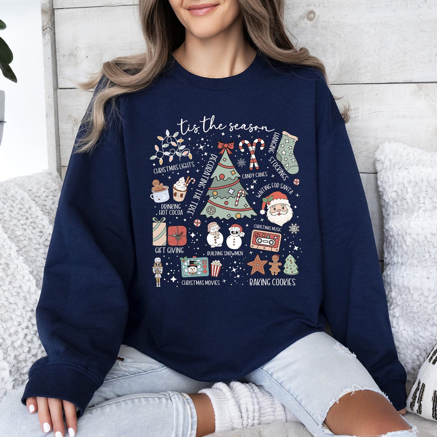 Tis The Season, Christmas, Cute, Trendy, Santa, Tree, Snowman, Cookies, Gifts Sweatshirt