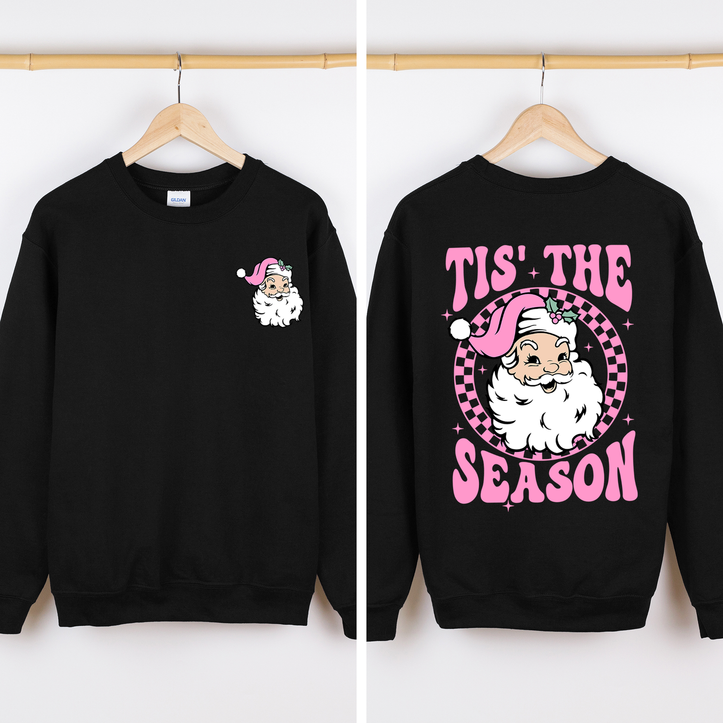Tis The Season, Retro Santa, Pink, Checkered, Christmas, Front and Back Sweatshirt