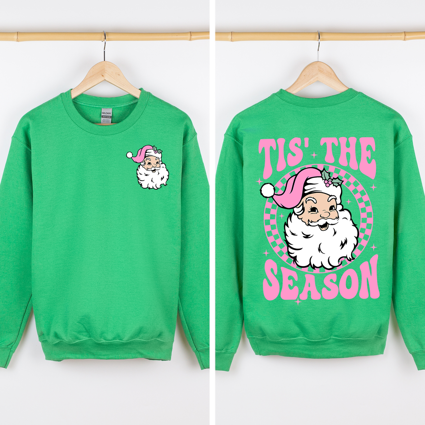 Tis The Season, Retro Santa, Pink, Checkered, Christmas, Front and Back Sweatshirt