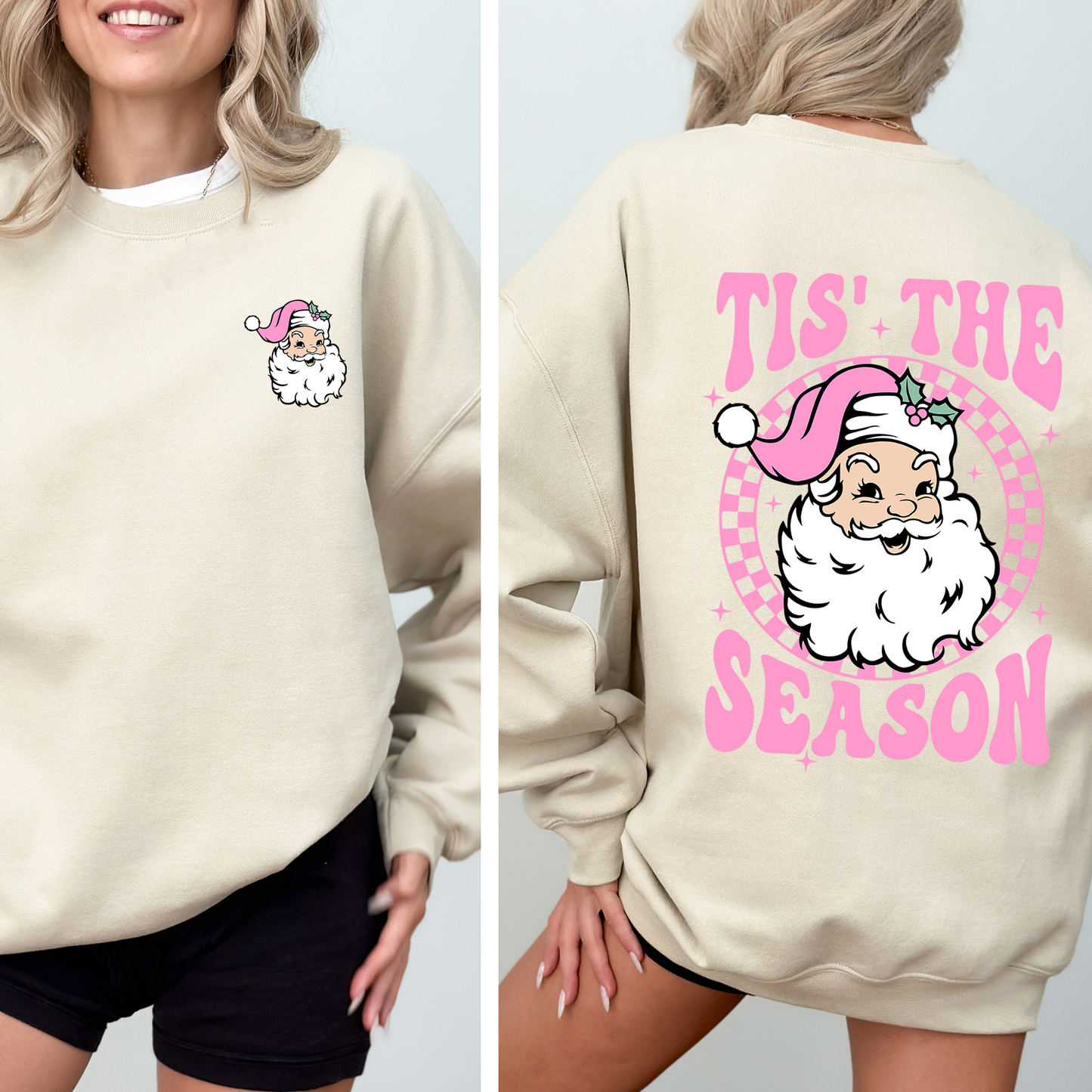 Tis The Season, Retro Santa, Pink, Checkered, Christmas, Front and Back Sweatshirt