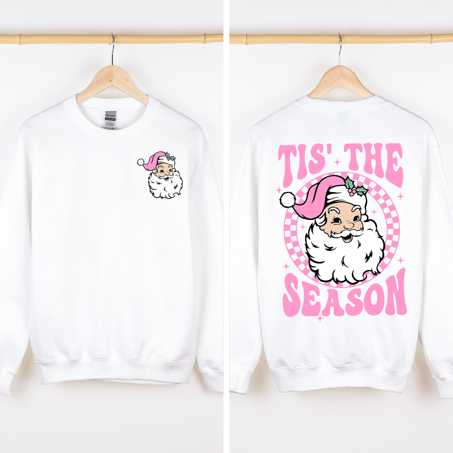 Tis The Season, Retro Santa, Pink, Checkered, Christmas, Front and Back Sweatshirt