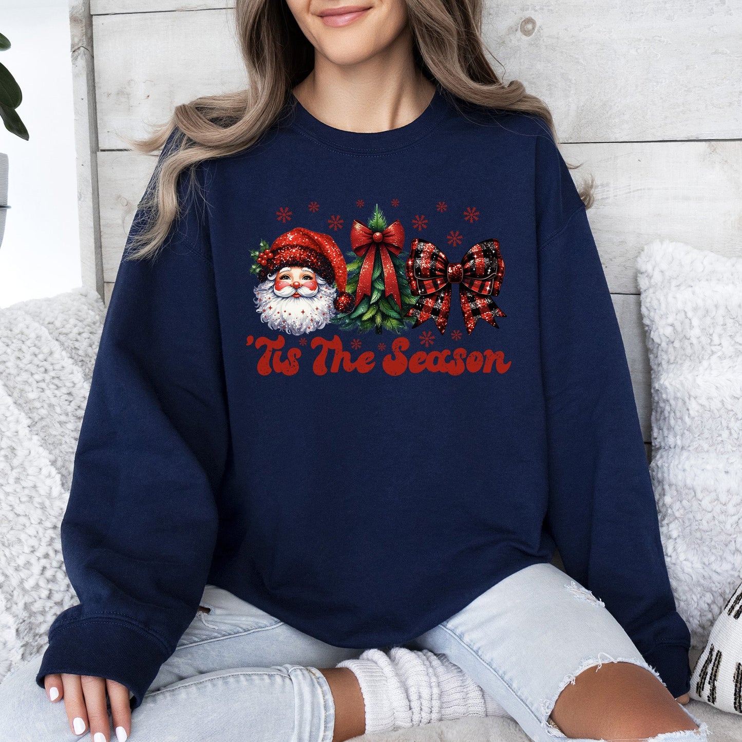 Tis The Season, Santa, Christmas, Checkered Bow, Ribbon Sweatshirt