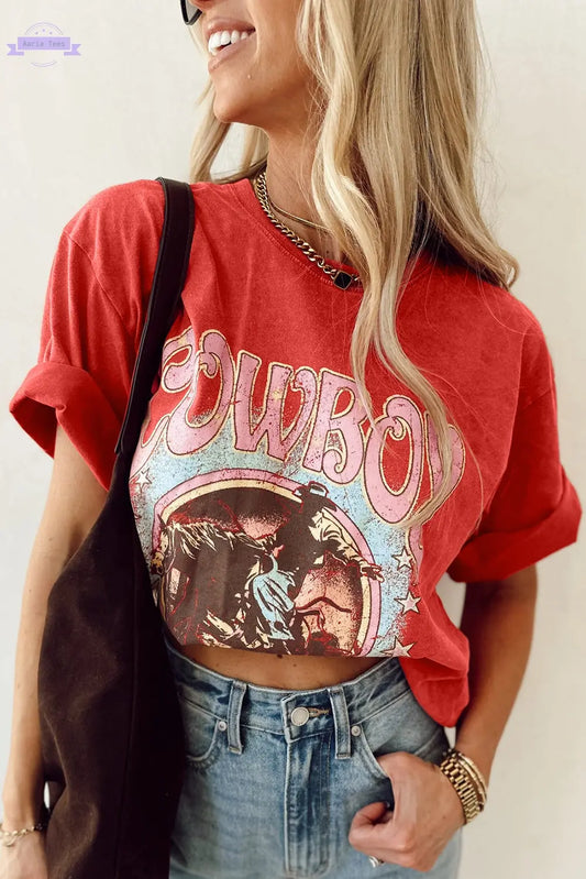 Tomato Red COWBOY Take Me Away Graphic Western Loose Tee Aaria Tees