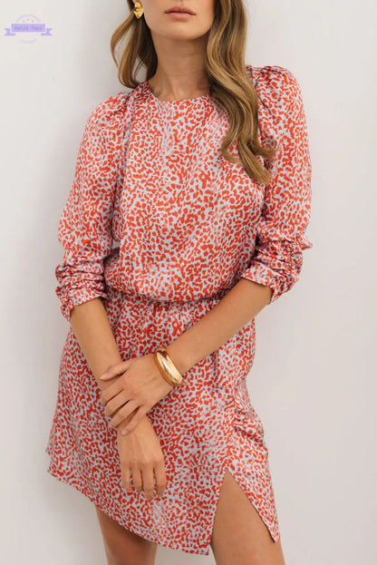 Tomato Red Leopard Print Long Sleeve Hollowed Back Split Mini Dress Aaria Tees