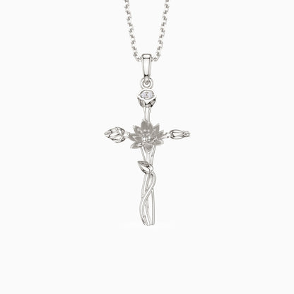 Floral Cross July Water Lily Birth Flower Necklace