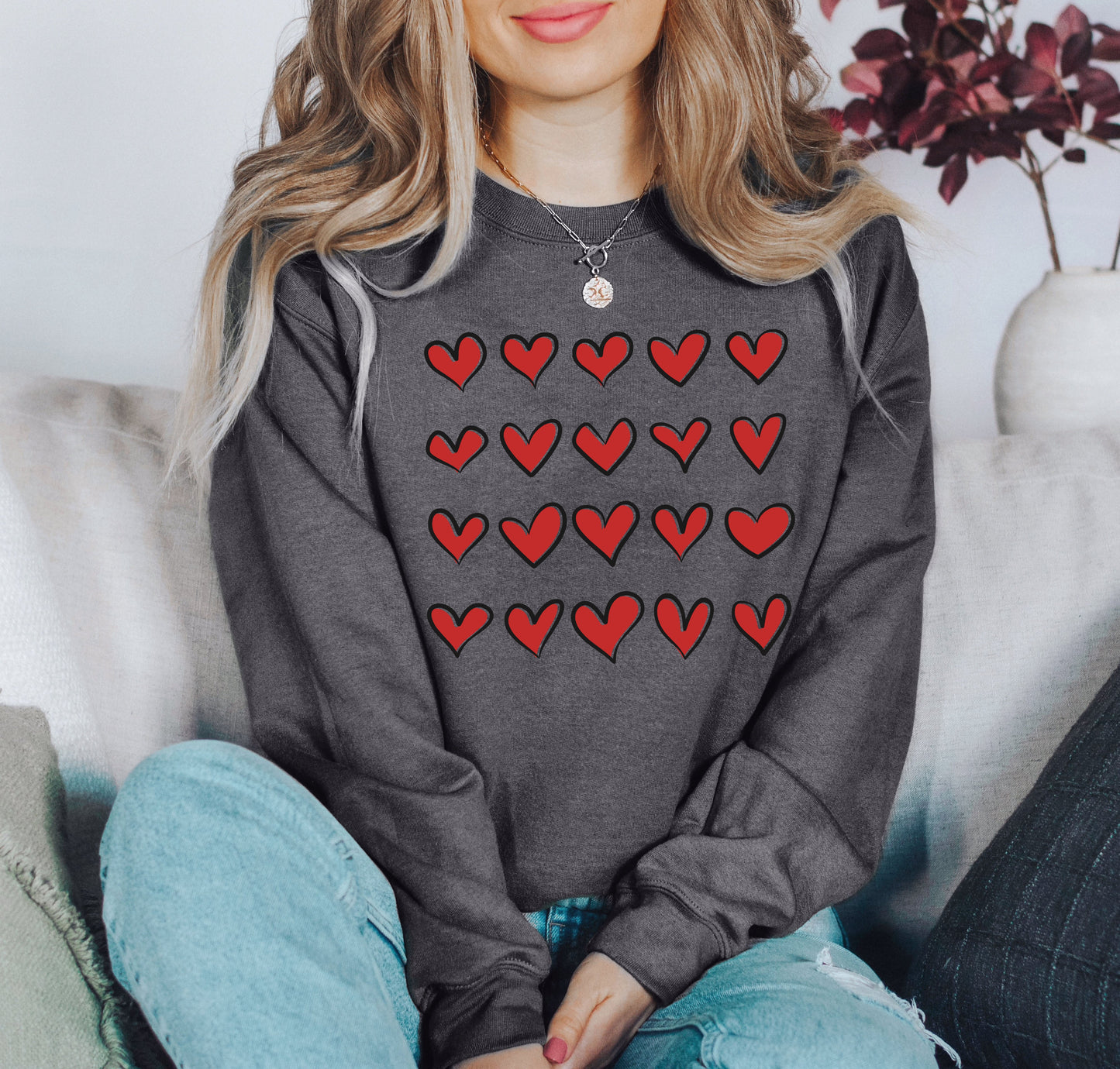 Mini Red Hearts Valentine's Sweatshirt, Retro Valentine's Day Sweatshirt