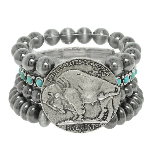 Vintage Style Buffalo Coin Pearl Bead Bracelet | Cowgirl Western Boho Bison Coin Beaded Stacked Stretch Bracelet