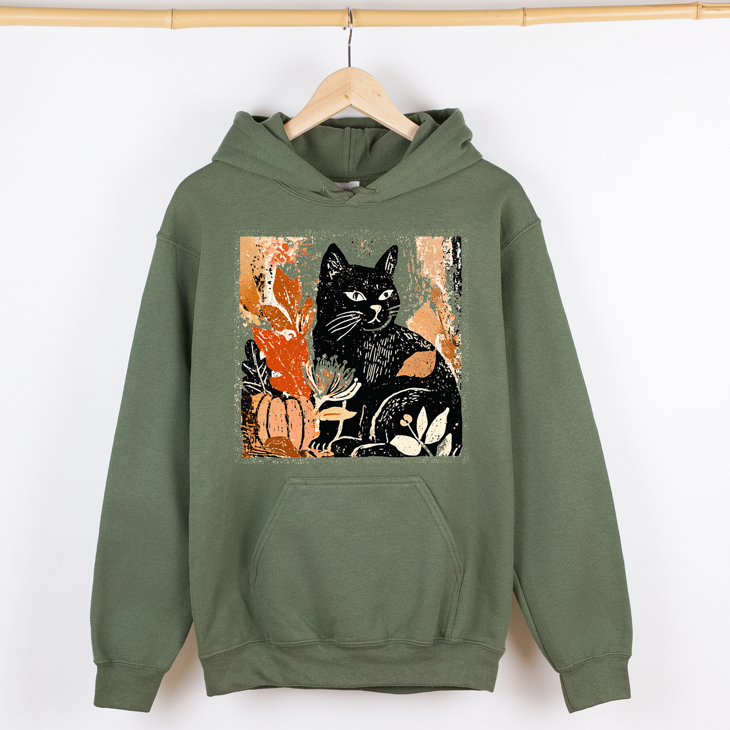 Vintage Black Cat, Halloween, Autumn, Fall, Pumpkin, Graphic Hoodie, Hooded Sweatshirt
