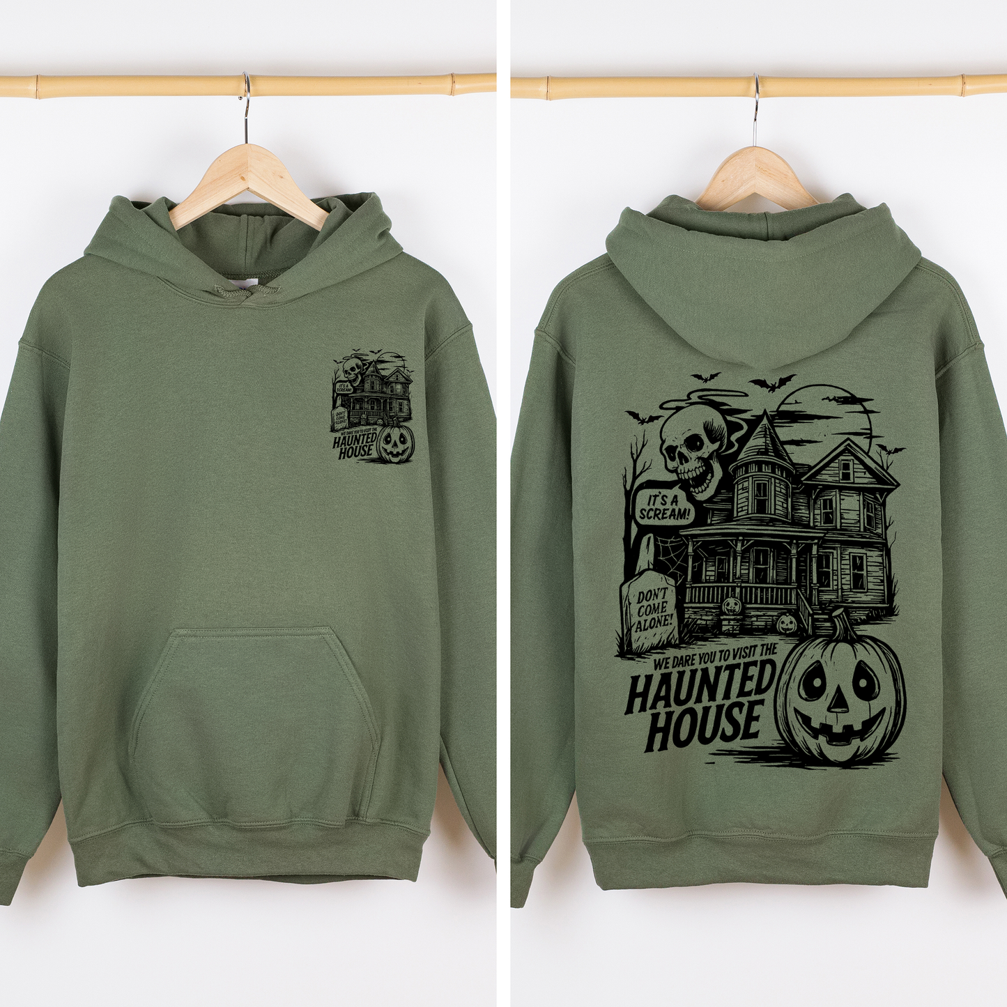 We Dare You To Visit The Haunted House, Spooky, Halloween, Pumpkin, Graphic Hoodie, Hooded Sweatshirt