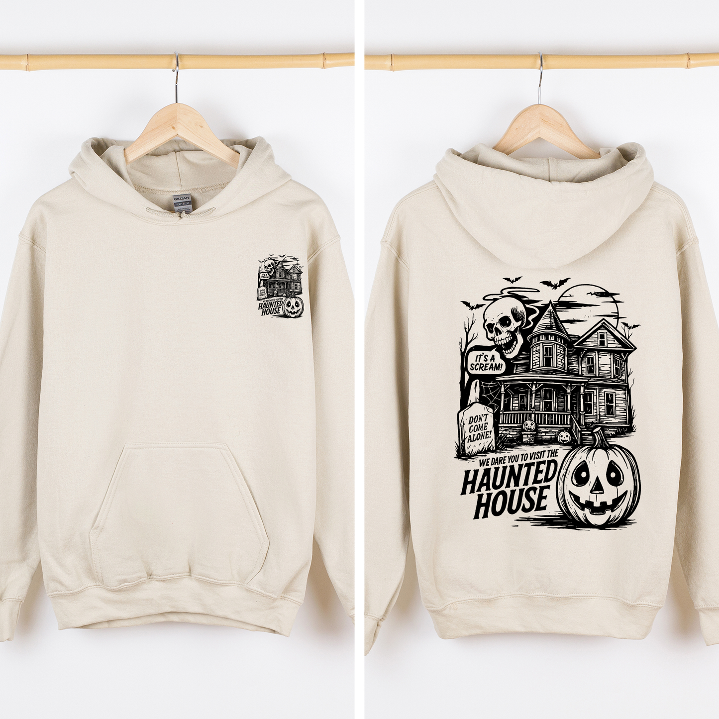 We Dare You To Visit The Haunted House, Spooky, Halloween, Pumpkin, Graphic Hoodie, Hooded Sweatshirt
