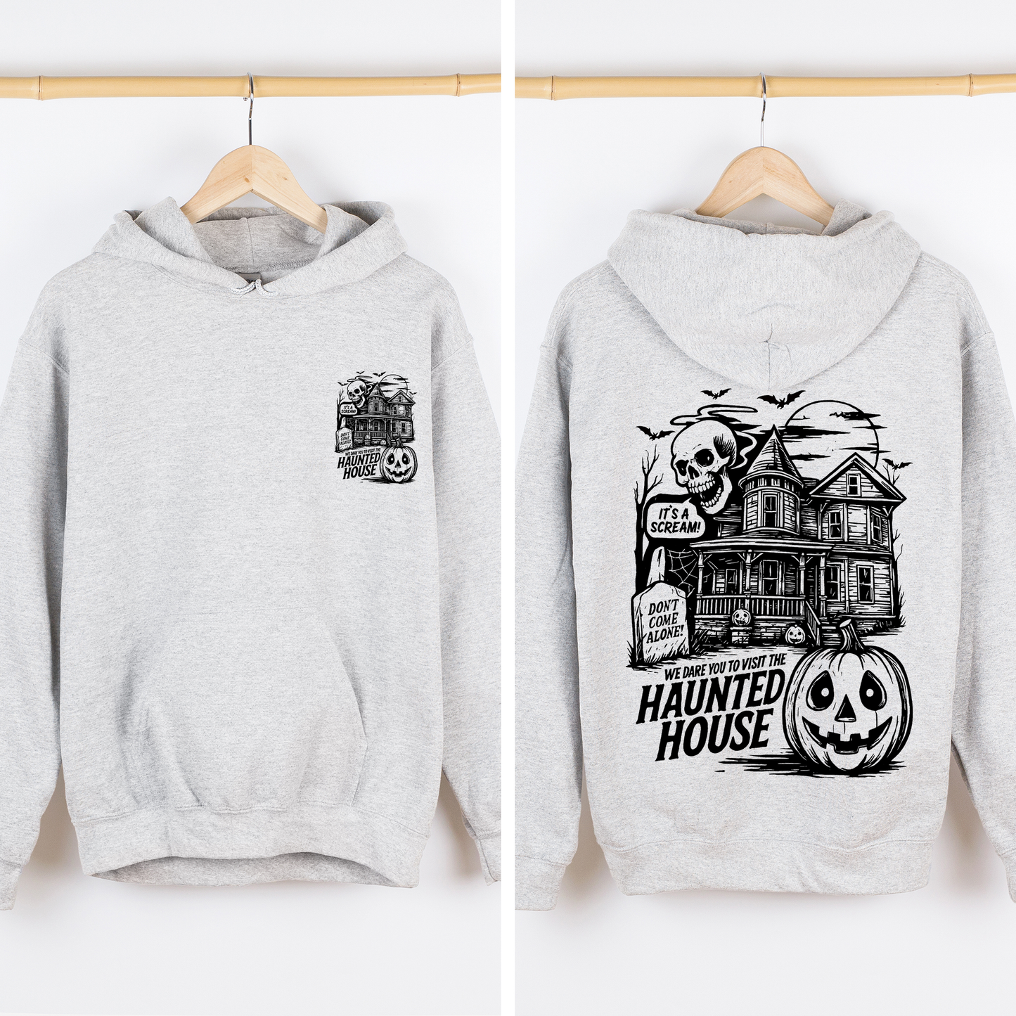 We Dare You To Visit The Haunted House, Spooky, Halloween, Pumpkin, Graphic Hoodie, Hooded Sweatshirt