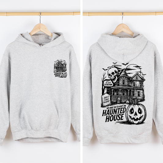 We Dare You To Visit The Haunted House, Spooky, Halloween, Pumpkin, Graphic Hoodie, Hooded Sweatshirt