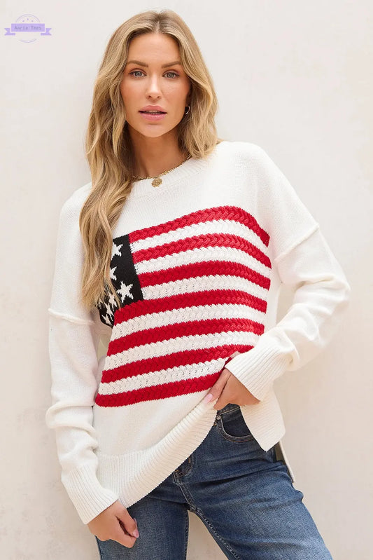 White American Flag Cable Knit Drop Shoulder Sweater - Aaria Tees