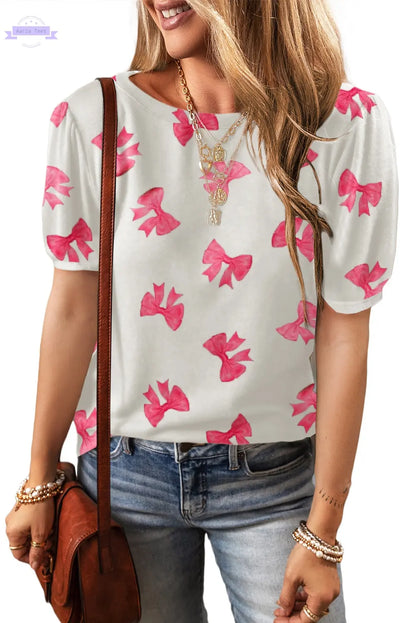 White Bowknot Print Bubble Sleeve Tee Aaria Tees